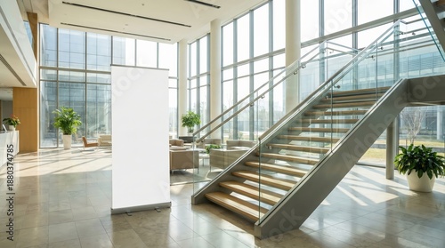 White Blank roll-up banner template standing in lobby side stairs. Blank advertisement mockup in business space, Commercial pull-up display, for add cover