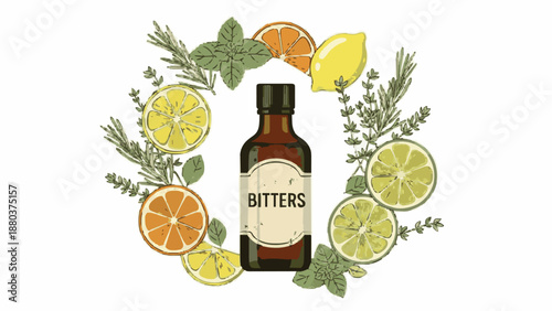 Herbal citrus bitters bottle surrounded by fruits and aromatic herbs. Vintage apothecary cocktail ingredient illustration