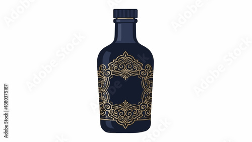 Elegant dark blue bottle with ornate golden vintage frame label. Luxury cosmetic or liquor packaging vector illustration.