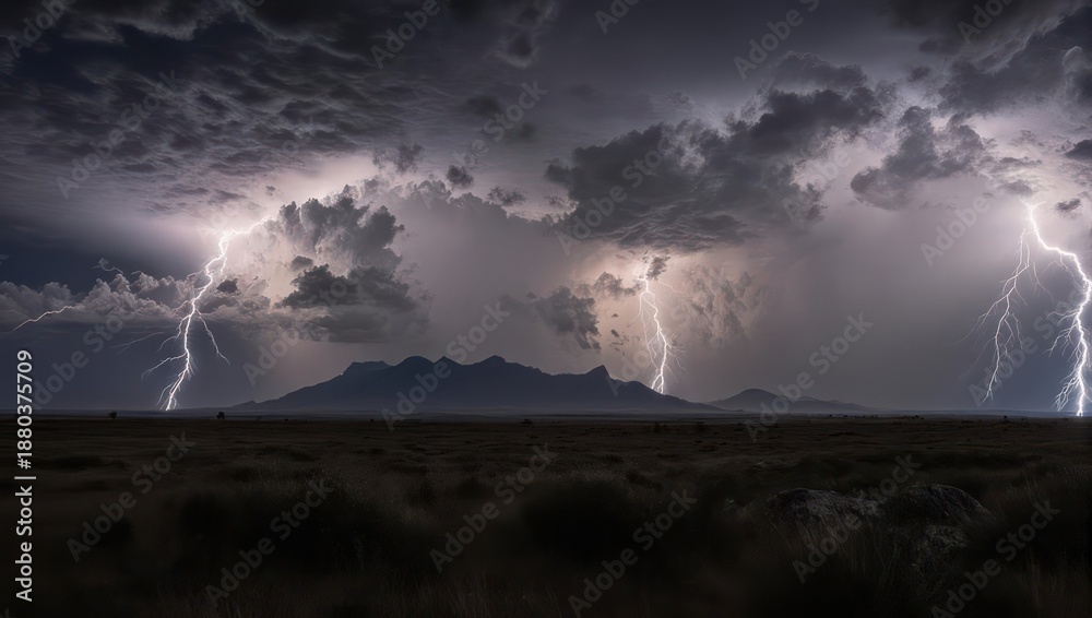 Fototapeta premium Dramatic lightning storm over a flat, arid landscape
