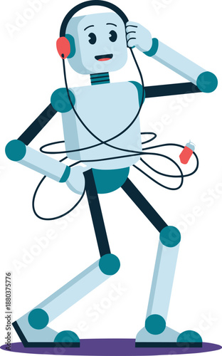 Cheerful Robot Listening to Music with Headphones, Concept of AI Entertainment, Automated Audio Technology, Smart Gadget Integration, and Future Lifestyle Robotics Vector Illustration