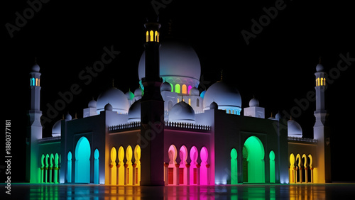 Eid islamic mosque with colorful glowing lights at night featuring crescent moon spiritual architecture for eid al fitr celebration greeting banner and design use