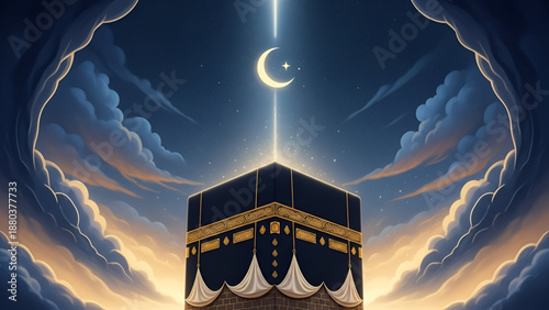 Eid fitr holy kaaba under crescent moon night sky expressing islamic faith spiritual devotion culture peace and timeless festive celebration background