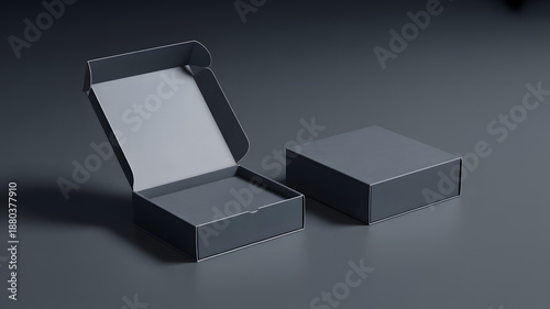 Open black cardboard gift box packaging mockup on dark background
