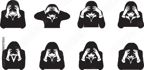 Black Solid Stressed Business Woman Silhouettes Set of Six on White Background