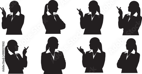 Black Solid Skeptical Woman Silhouettes Set of Six on White Background