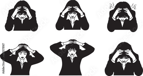 Black Solid Stressed Business Woman Silhouettes Set of Six on White Background