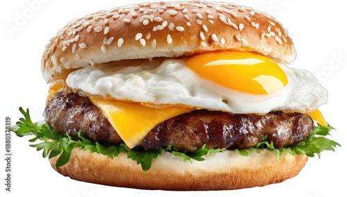 Hearty burger with fried egg, cheese, lettuce, and patty on a bun