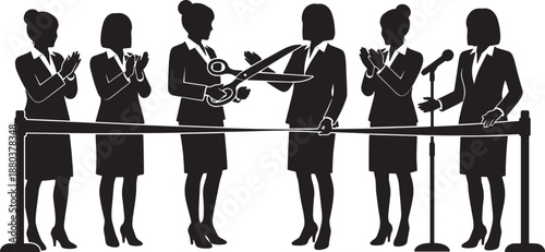 Black Solid Woman Cutting Ribbon Silhouettes Set of Six on White Background