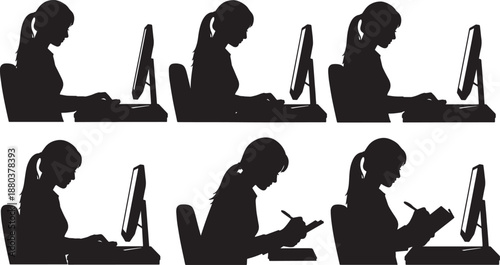 Black Solid Office Desk Work Silhouettes Set of Six on White Background