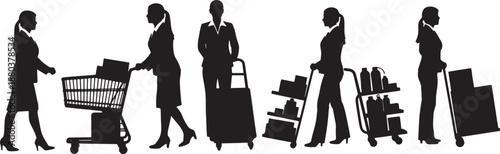 Black Solid Woman Pushing Cart Silhouettes Set of Six on White Background