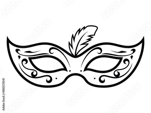 Elegant Masquerade Mask with Feather and Decorative Swirls Black Outline Vector
