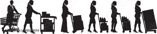 Black Solid Woman Pushing Cart Silhouettes Set of Six on White Background