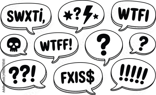 Black and white speech bubbles with text and symbols