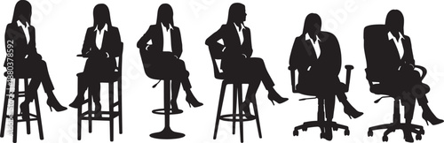 Black Solid Woman On Stool Silhouettes Set of Six on White Background