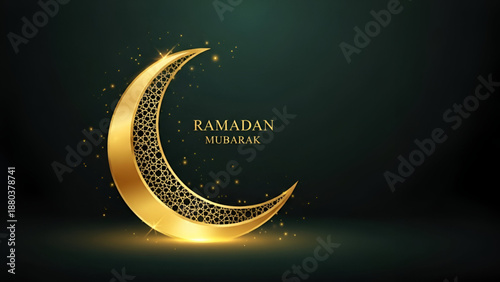 Ramadan Mubarak elegant golden crescent moon with islamic pattern on dark background spiritual festival design for eid greeting card banner and branding use