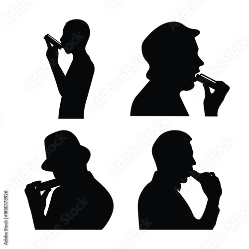Diverse group of musical silhouettes playing the harmonica with passion and rhythm
