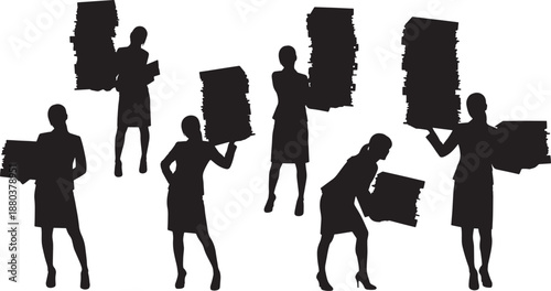 Black Solid Business Woman Carrying Files Silhouettes Set of Six on White Background