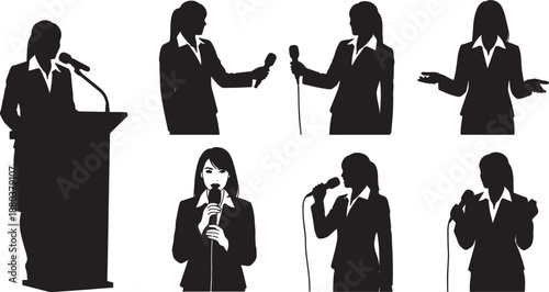 Black Solid Woman With Microphone Silhouettes Set of Six on White Background