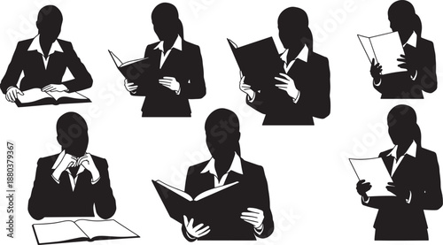 Black Solid Business Woman Reading Silhouettes Set of Six on White Background