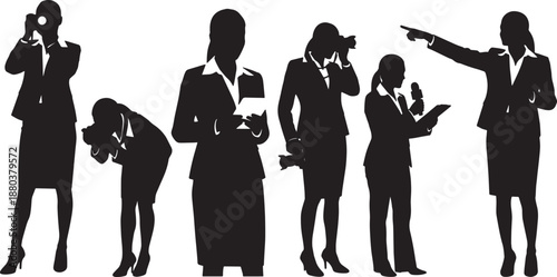 Black Solid Woman With Camera Silhouettes Set of Six on White Background
