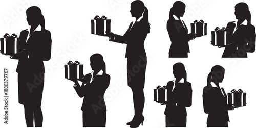 Black Solid Woman Holding Gift Silhouettes Set of Six on White Background