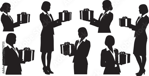 Black Solid Woman Holding Gift Silhouettes Set of Six on White Background