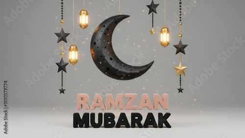 Eid islamic ramzan mubarak crescent moon with hanging lantern stars on soft background for greeting card banner template branding and festive commercial use