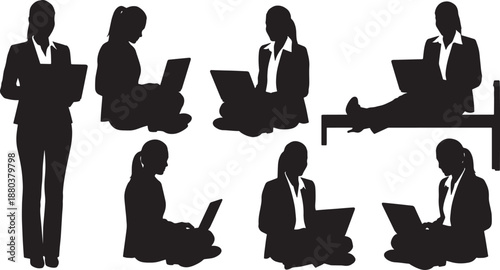 Black Solid Casual Laptop Work Silhouettes Set of Six on White Background