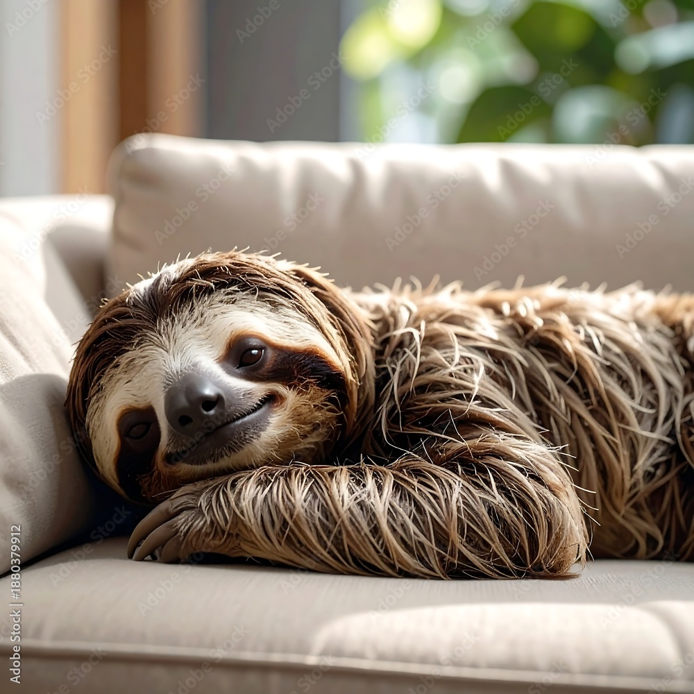 Fototapeta premium A relaxed, smiling sloth is resting on a beige sofa, its fur a mix of brown and tan. The background is slightly blurred