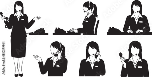 Black Solid Call Center Woman Silhouettes Set of Six on White Background