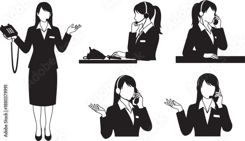 Black Solid Call Center Woman Silhouettes Set of Six on White Background