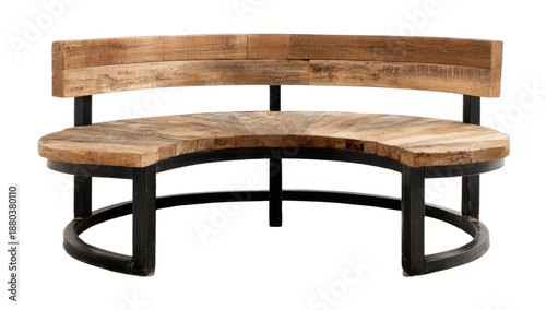 Curved wooden bench with industrial metal frame, seating for multiple