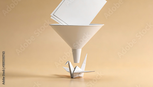 minimalist cgi render of paper documents entering funnel and transforming into origami crane concept data filtering workflow process automation and creative transformation