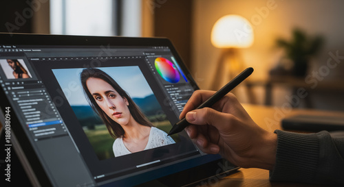 Close-up of a person using a stylus pen to digitally edit a portrait photo of a woman on a tablet screen, showing graphic design and creative retouching process