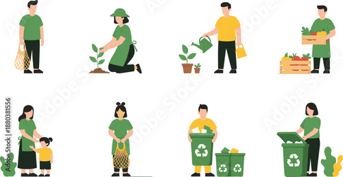 Eco friendly daily activities vector illustration set with people gardening recycling shopping and practicing sustainable lifestyle habits