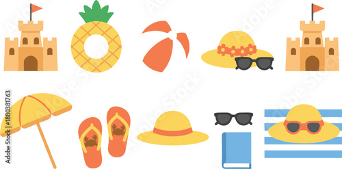 Summer beach vacation icons vector illustration set with sandcastle umbrella flip flops hat sunglasses and inflatable ring