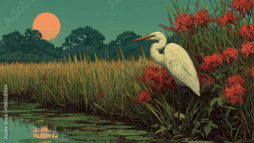 landscape with ricefield and bird