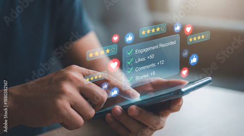 Person interacting with smartphone displaying social media metrics and engagement statistics on screen