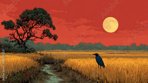 landscape with ricefield and bird