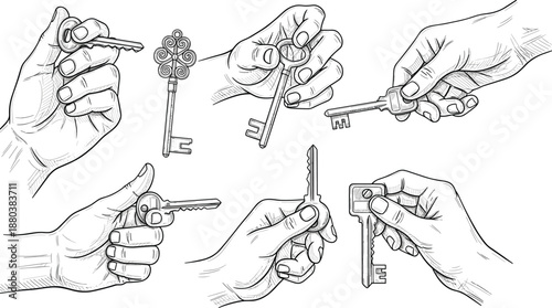 Hands holding keys illustration set, vintage and modern keys in human hands, security access concept hand drawn sketch style