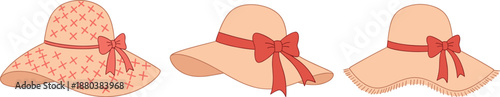 Cute summer women sun hats vector illustration set with bows and wide brim beach fashion accessories