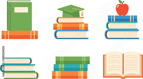 Education books vector illustration set with stacked textbooks graduation cap apple and open book symbols isolated on white