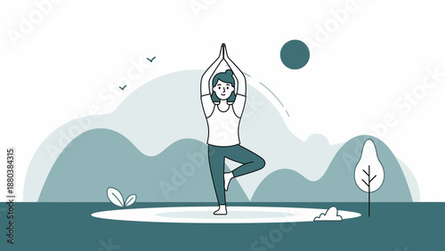 Serene woman practicing yoga outdoors in nature with peaceful surroundings