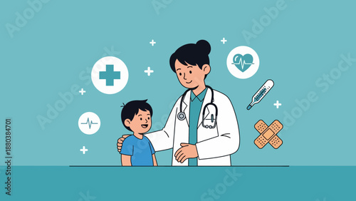 Smiling doctor comforting young patient in medical office with health symbols