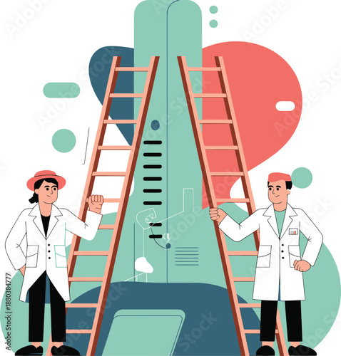 Stylized Vector of Scientists with Apparatus: Collaborative Research, Modern Lab Equipment, and Experimental Discovery in Illustration.