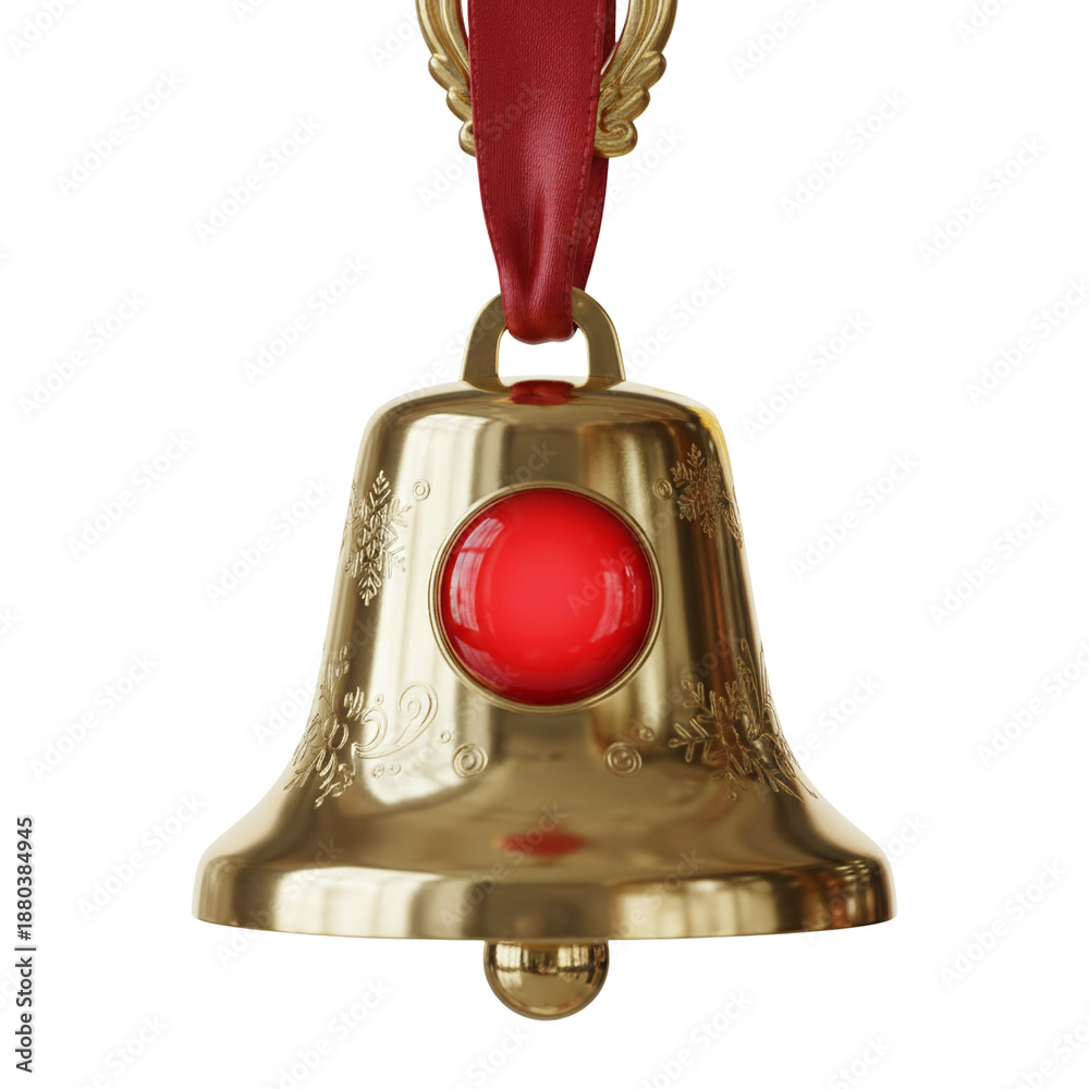 Fototapeta premium Golden christmas bell with red jewel and ribbon