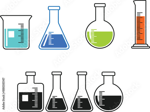 Laboratory, glassware, icons, set, chemical, flasks, beakers, measuring, cylinders, science, experiment, research, chemistry, equipment, illustration, isolated, white, background, vector, design