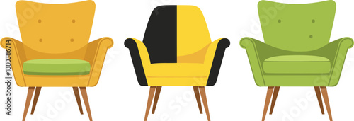 Colorful modern armchair set illustration isolated on white background featuring retro furniture design for interior decor living room concepts