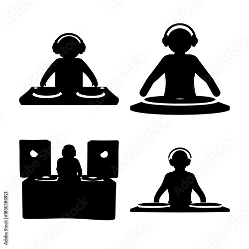 Fotografie Dynamic collection of dj silhouettes with headphones and turntables for music ev